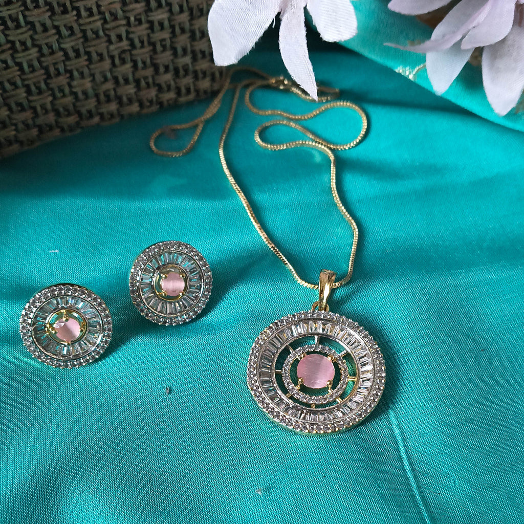 Zarqa Pink Stone American Diamond Pendant Set with Earrings