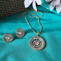 Zarqa Pink Stone American Diamond Pendant Set with Earrings