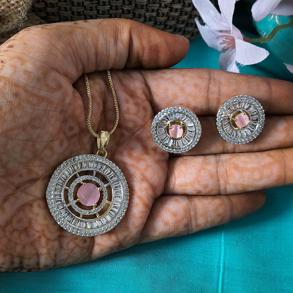 Zarqa Pink Stone American Diamond Pendant Set with Earrings