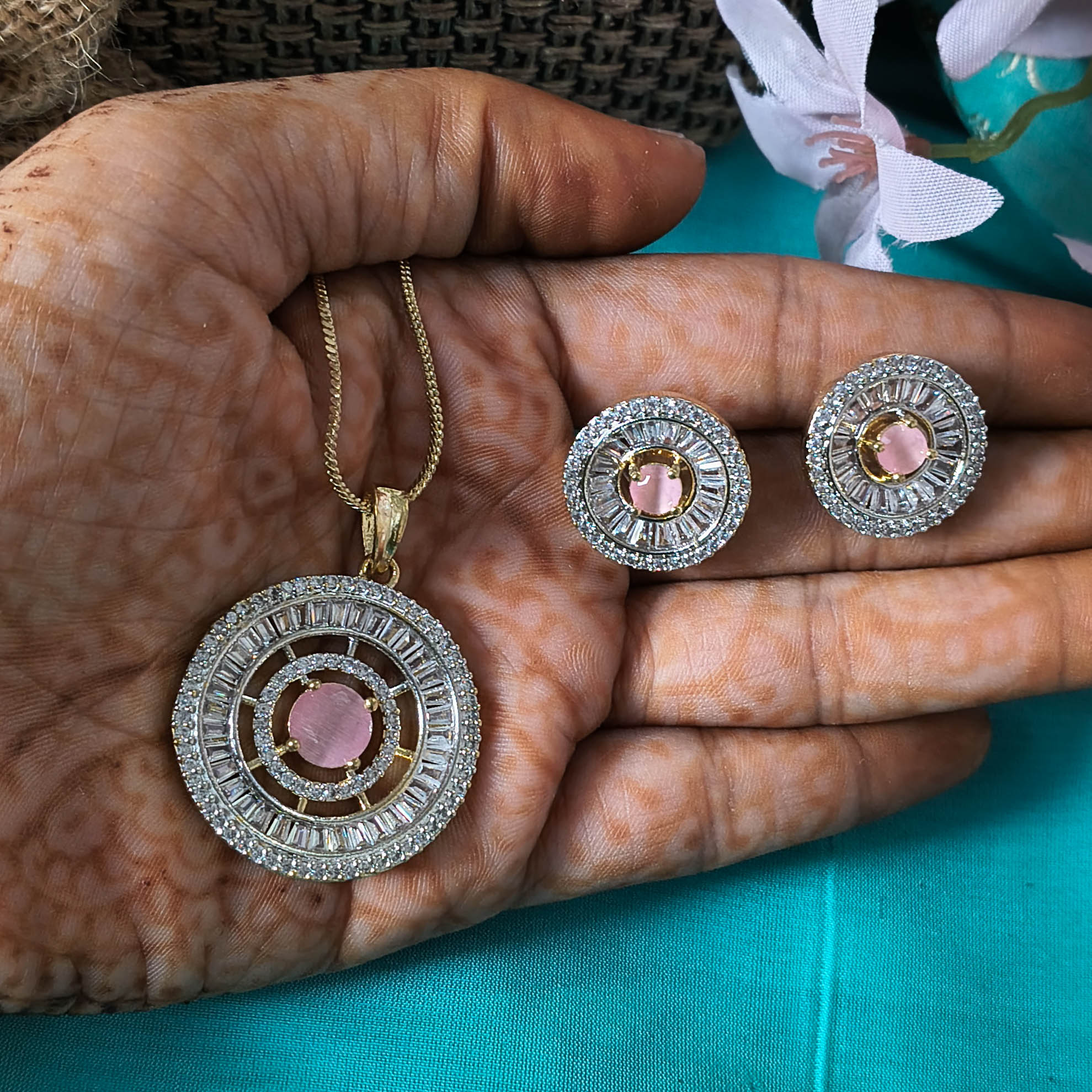 Zarqa Pink Stone American Diamond Pendant Set with Earrings