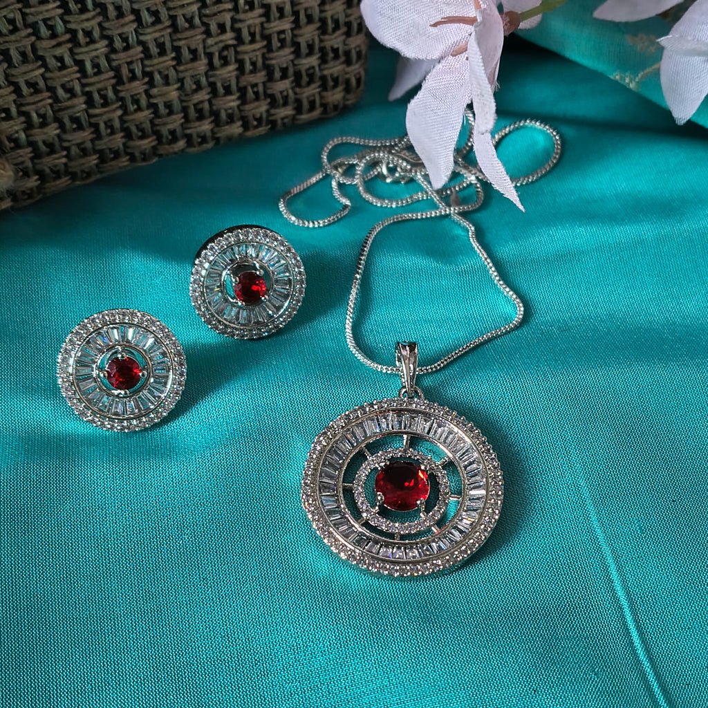 Laiba Red American Diamond Pendant Set with Earrings