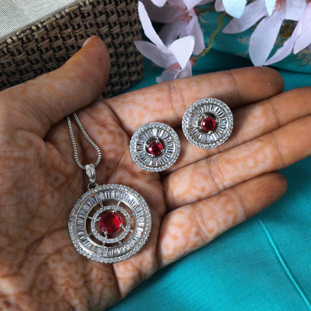 Laiba Red American Diamond Pendant Set with Earrings