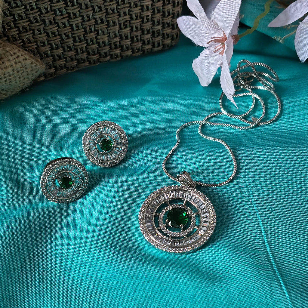 Hiba Green Stone American Diamond Pendant Set