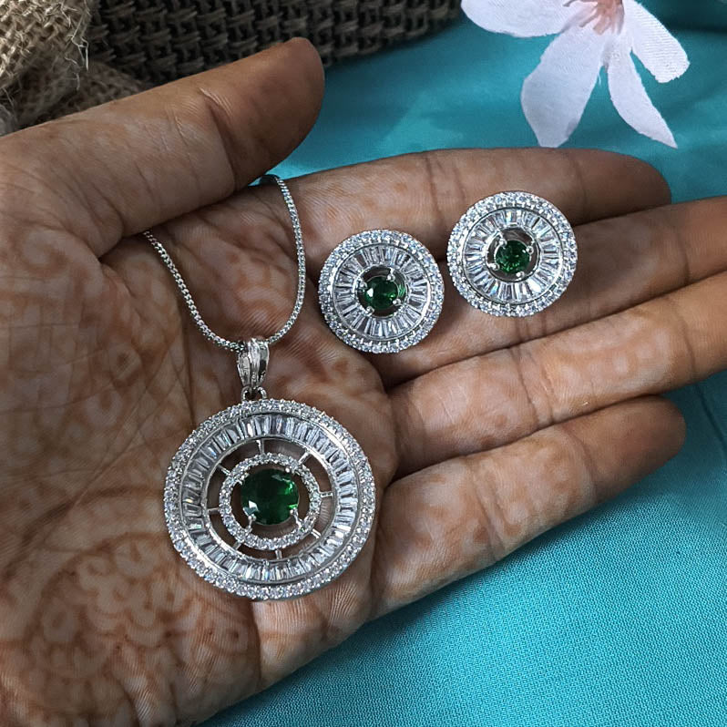 Hiba Green Stone American Diamond Pendant Set
