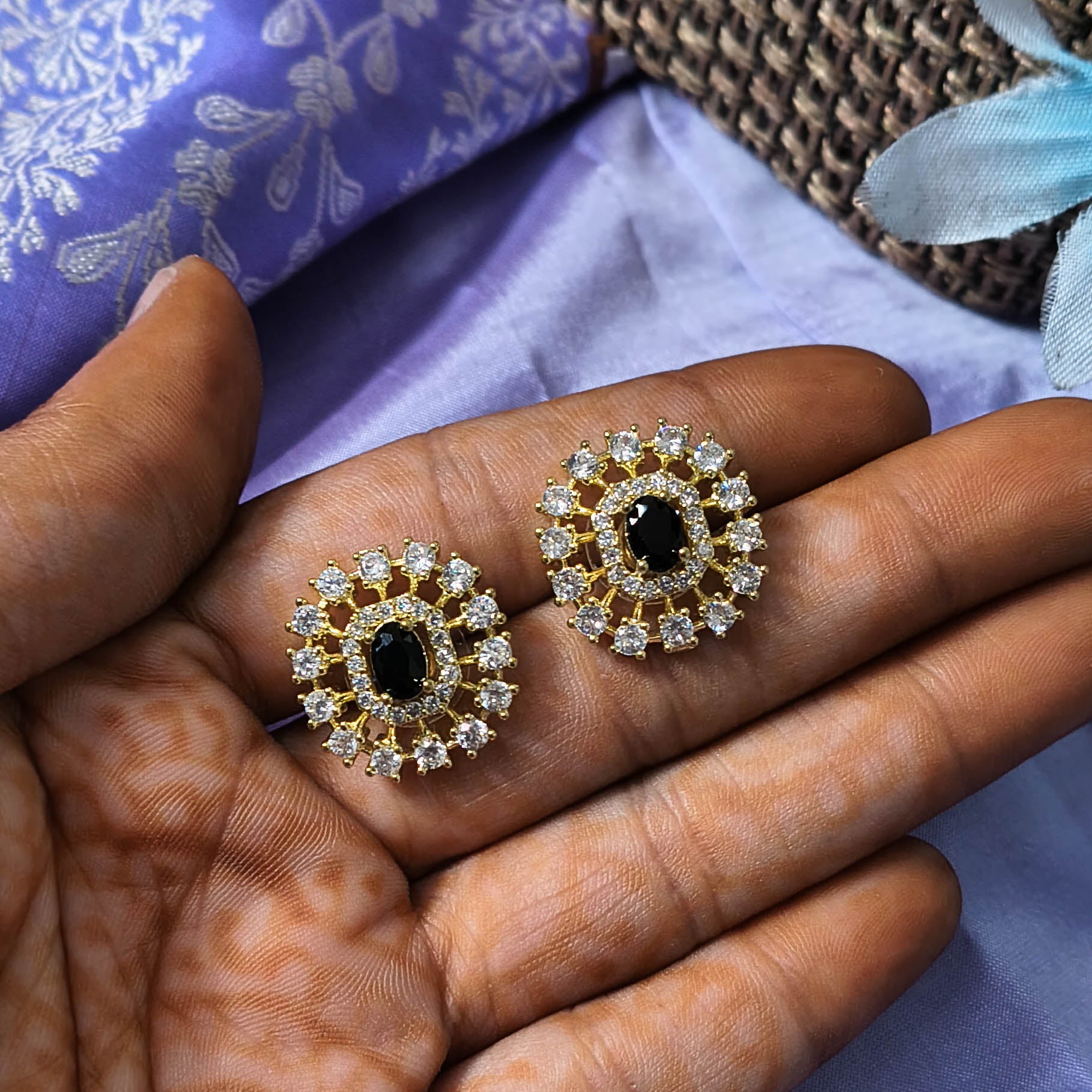 Reeva Black American Diamond Pendant Set with Earrings