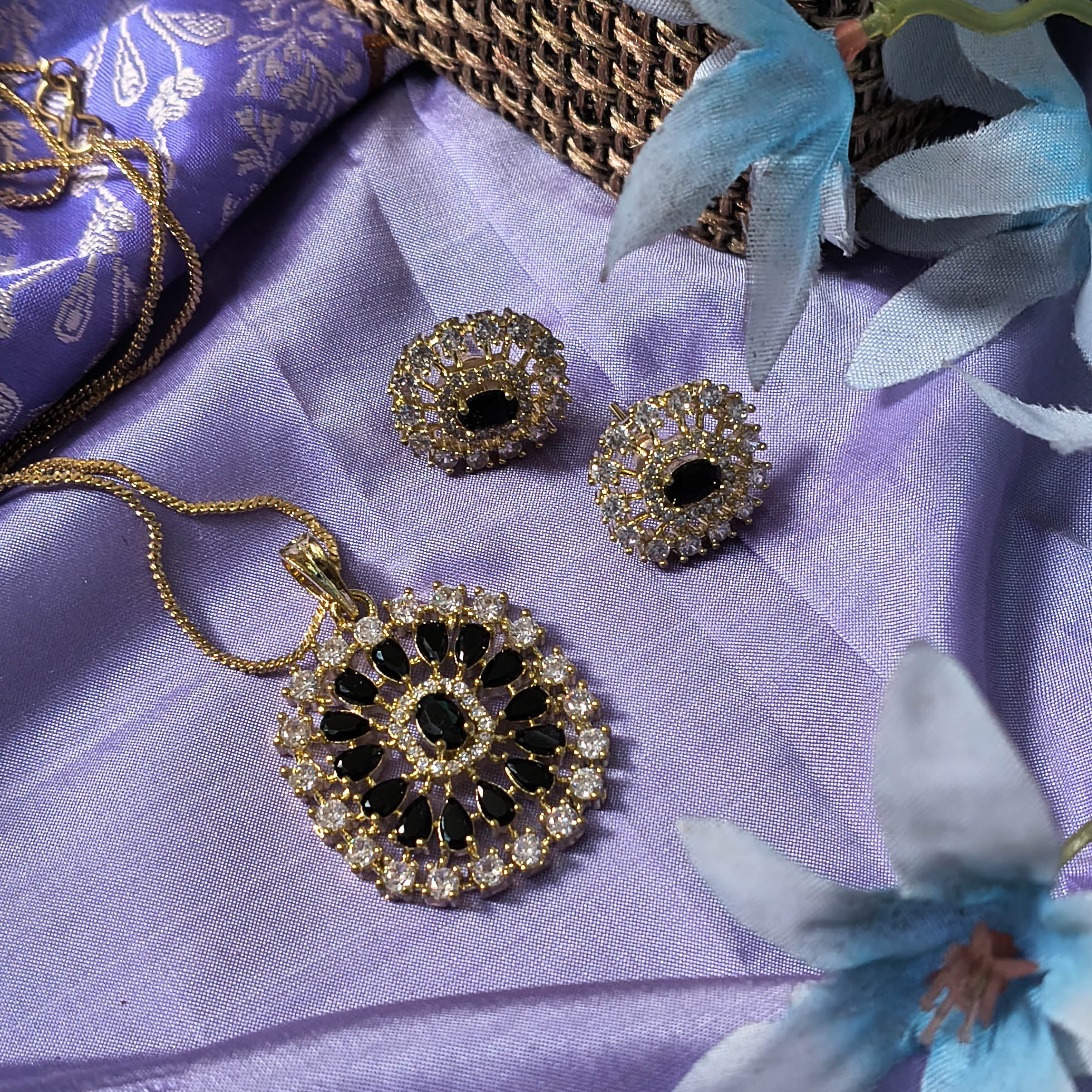 Reeva Black American Diamond Pendant Set with Earrings