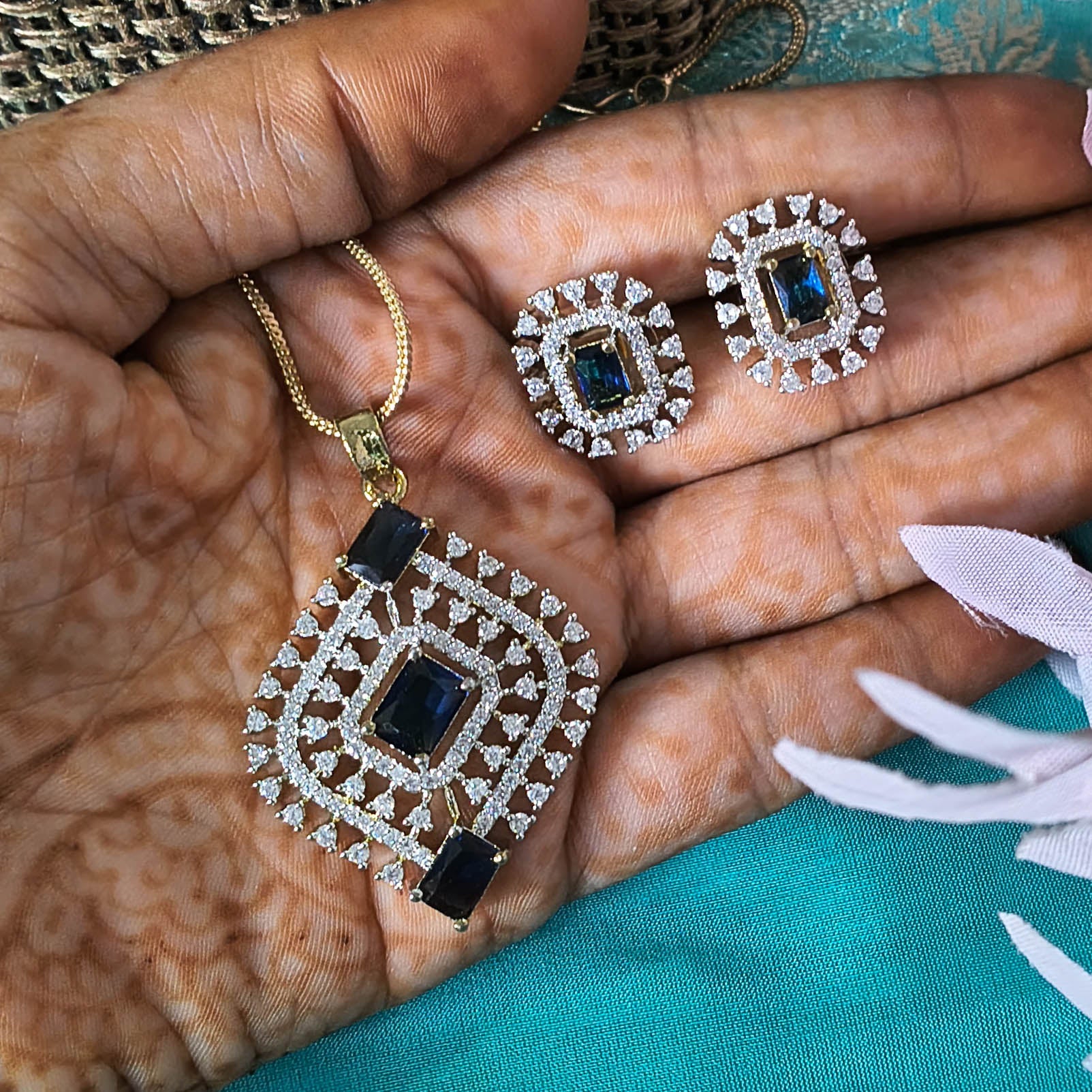 Neelam American Diamond Pendant Set with Earrings