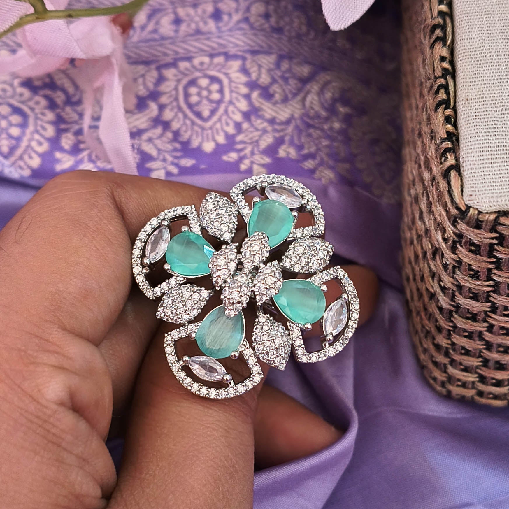 Nayla Adjustable American Diamond CZ Floral Ring