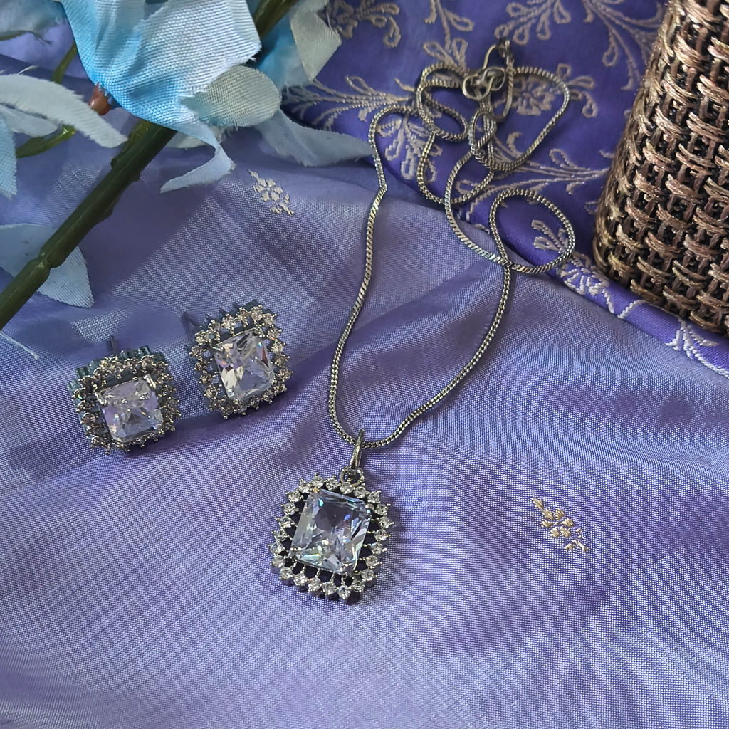 Eman American Diamond Silver Pendant Set with Earrings