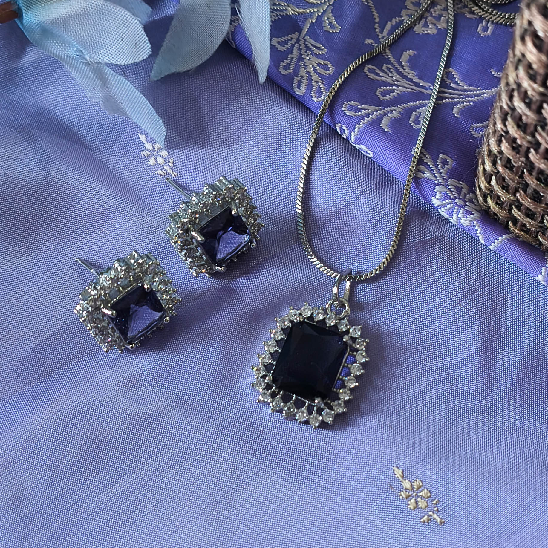 Zena Purple American Diamond CZ Pendant with Earrings