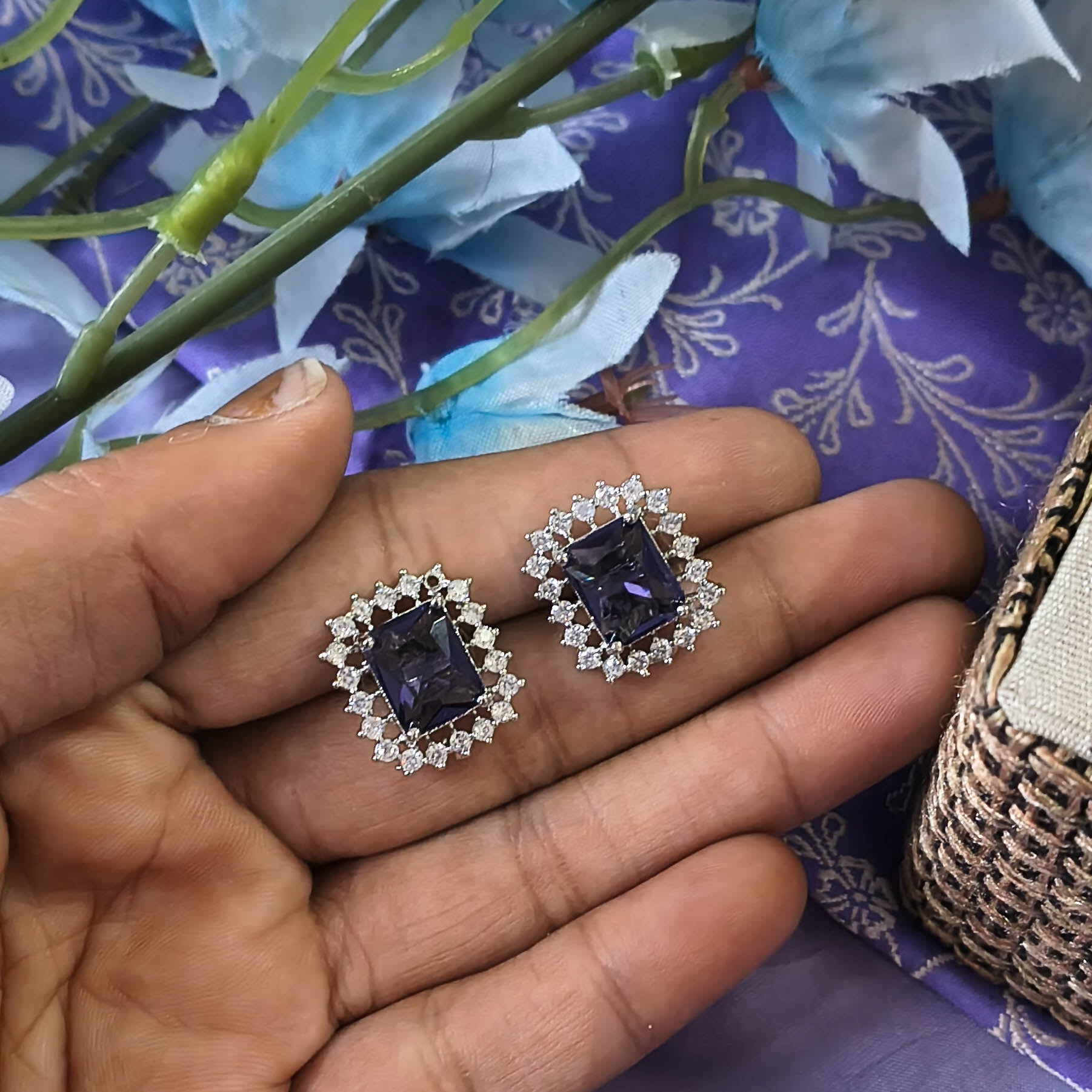 Zena Purple American Diamond CZ Pendant with Earrings