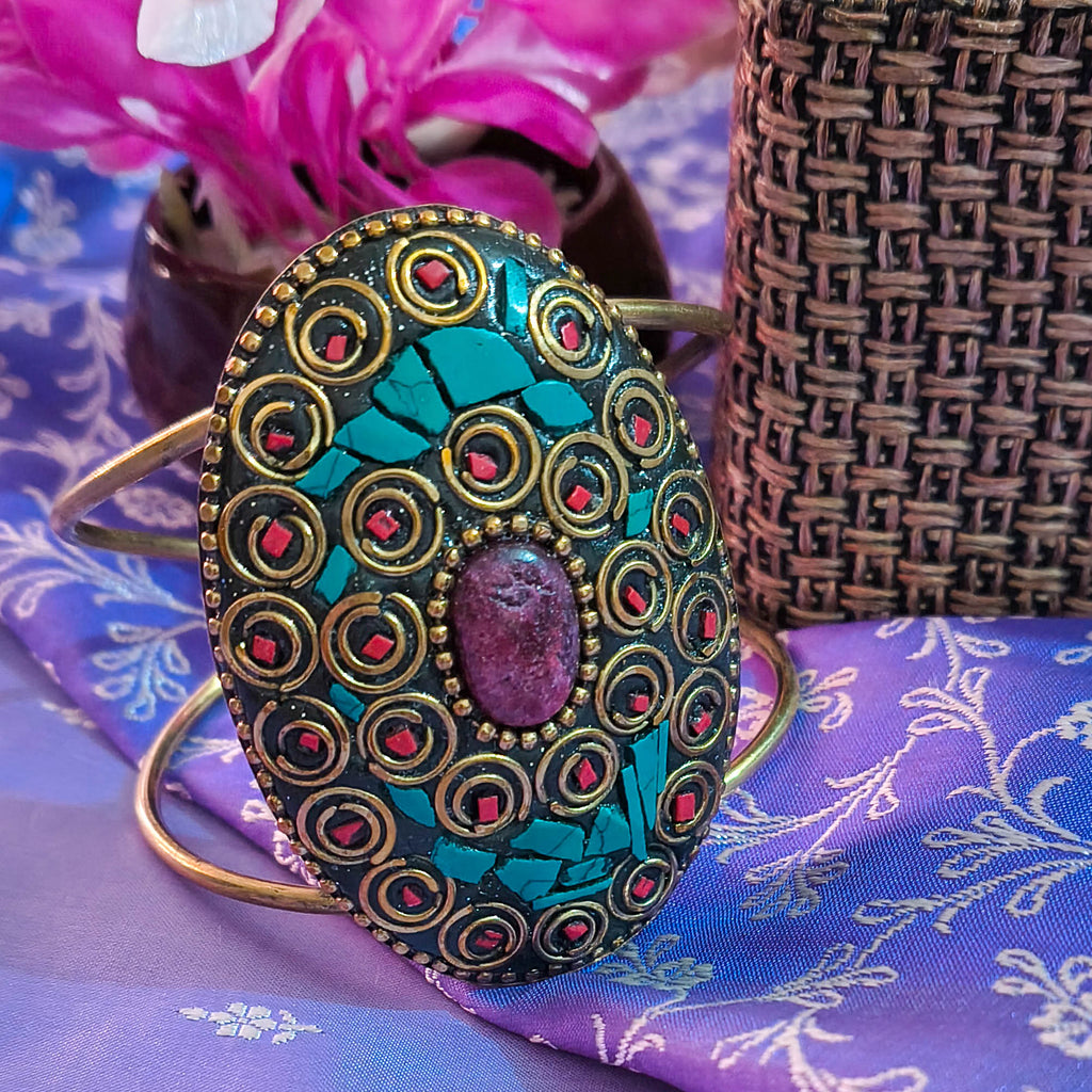 Qala Tibetan Kada – Handcrafted Tribal Cuff with Blue &amp; Gold Lac Mosaic