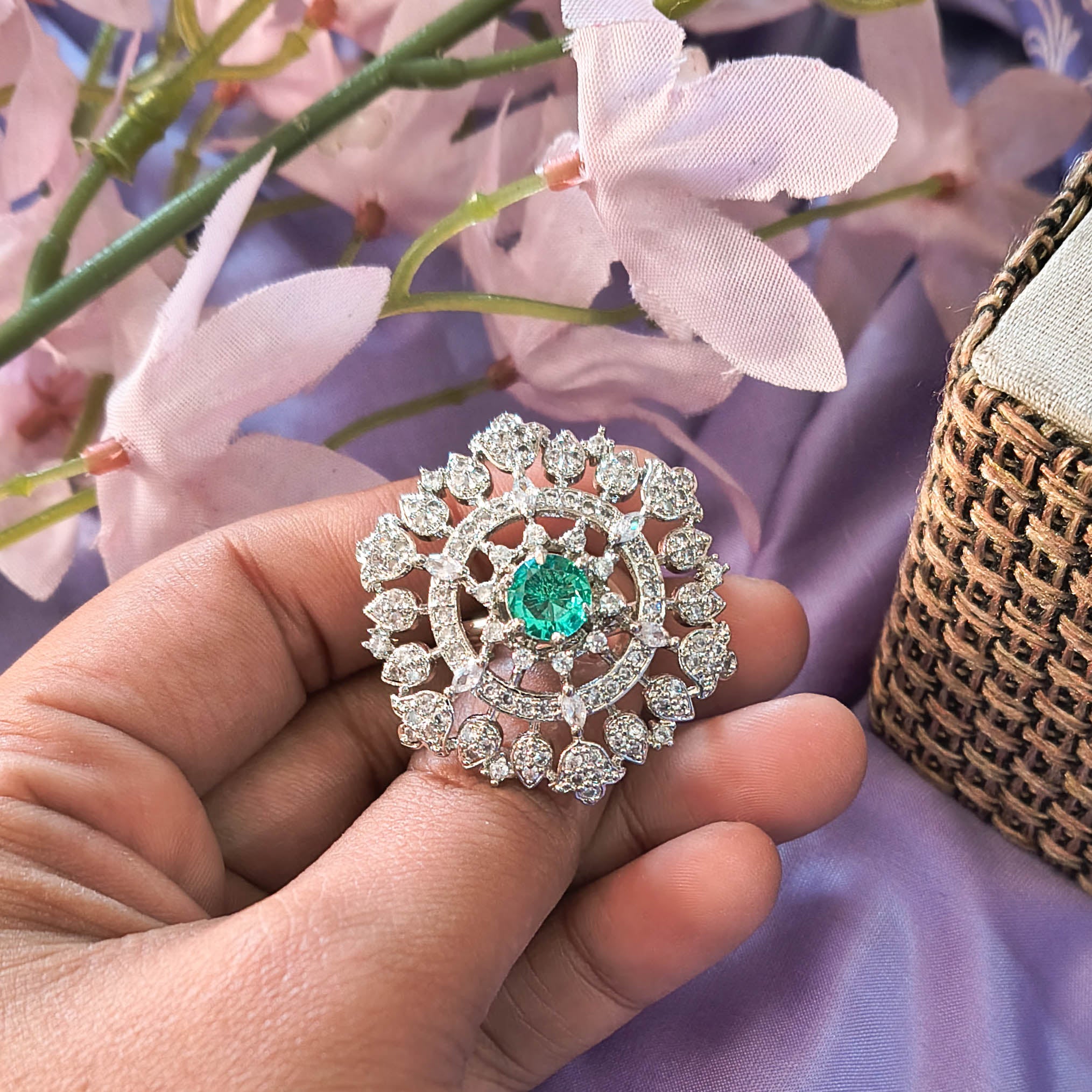 Samira American Diamond CZ Silver & Teal Ring