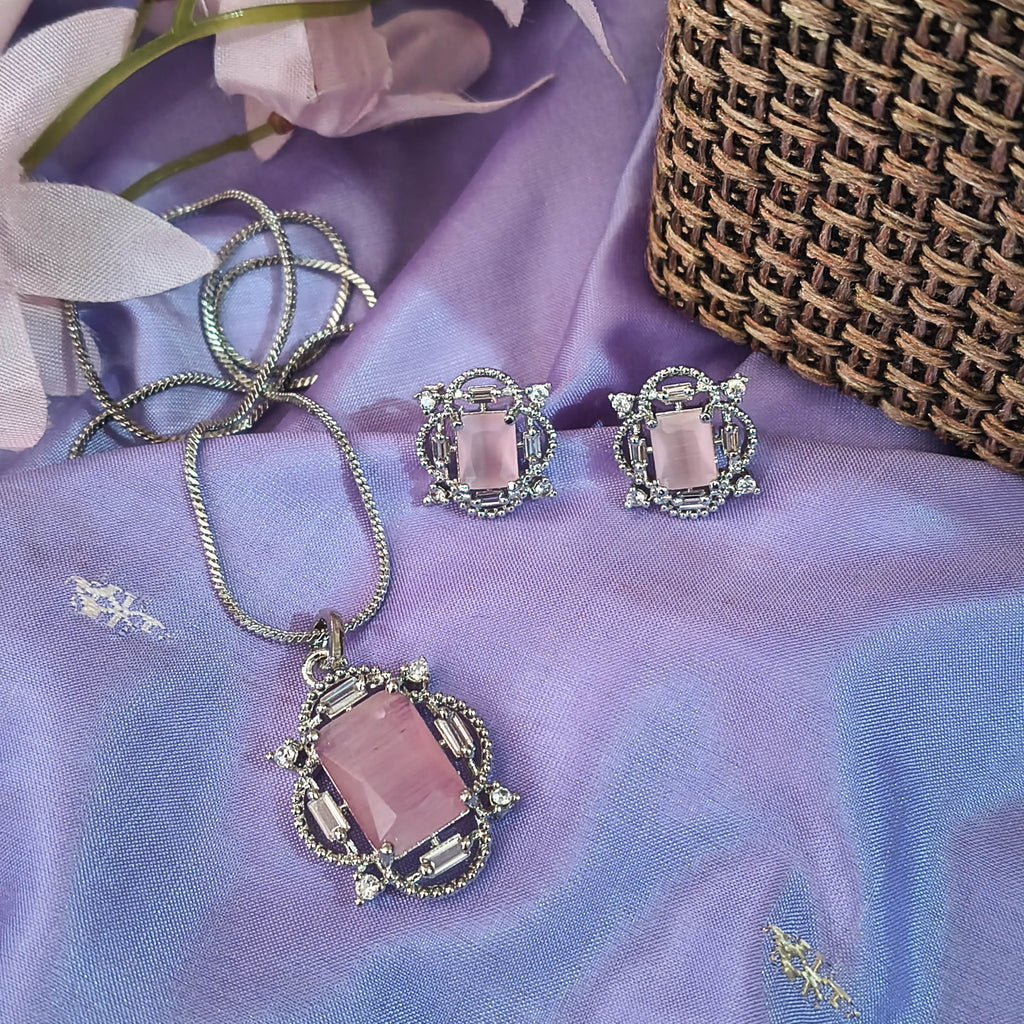 Meena Baby Pink American Diamond CZ Pendant with Earrings