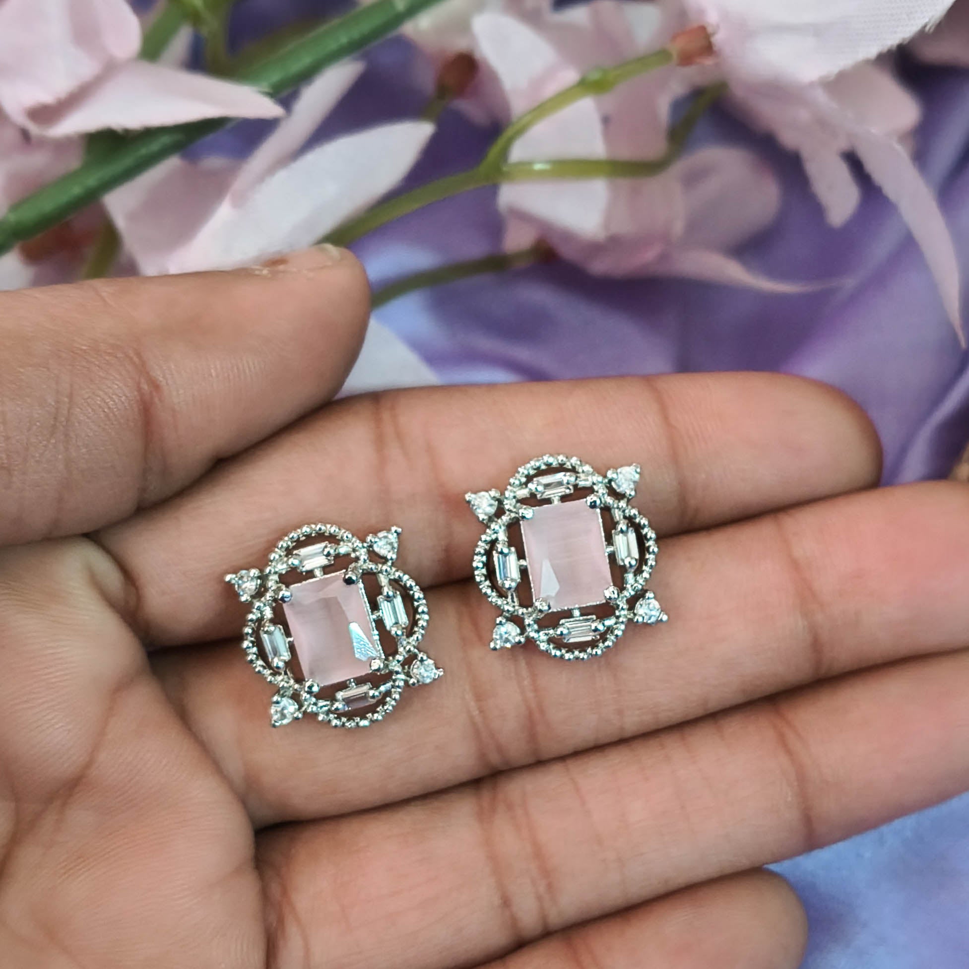 Meena Baby Pink American Diamond CZ Pendant with Earrings