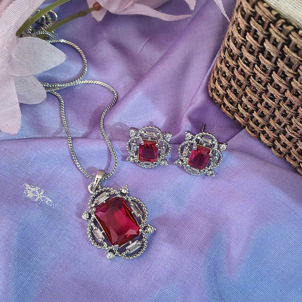Sultana Red AD CZ Pendant Set with Earrings for Women