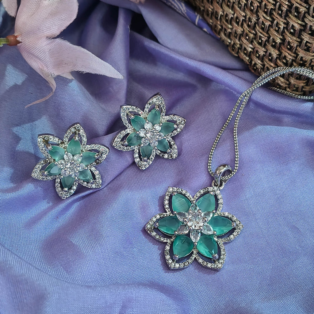 Lubna American Diamond CZ Floral Pendant Set with Earrings