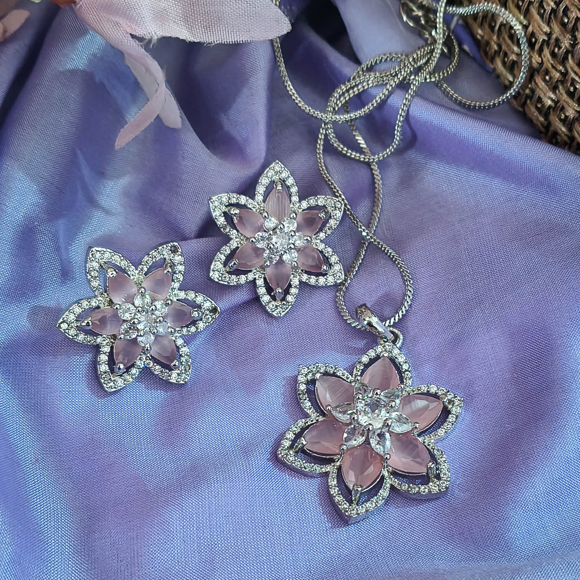 Lubna American Diamond CZ Floral Pendant Set with Earrings