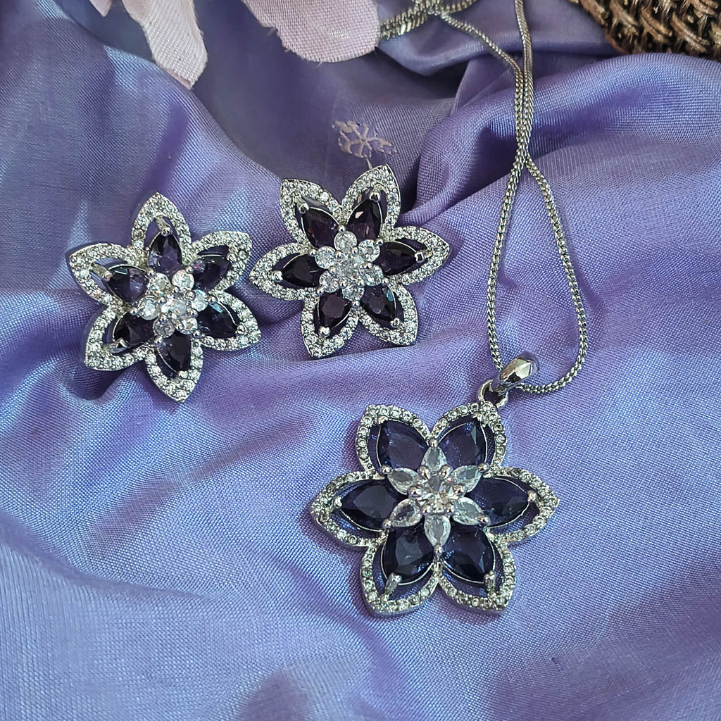 Lubna American Diamond CZ Floral Pendant Set with Earrings