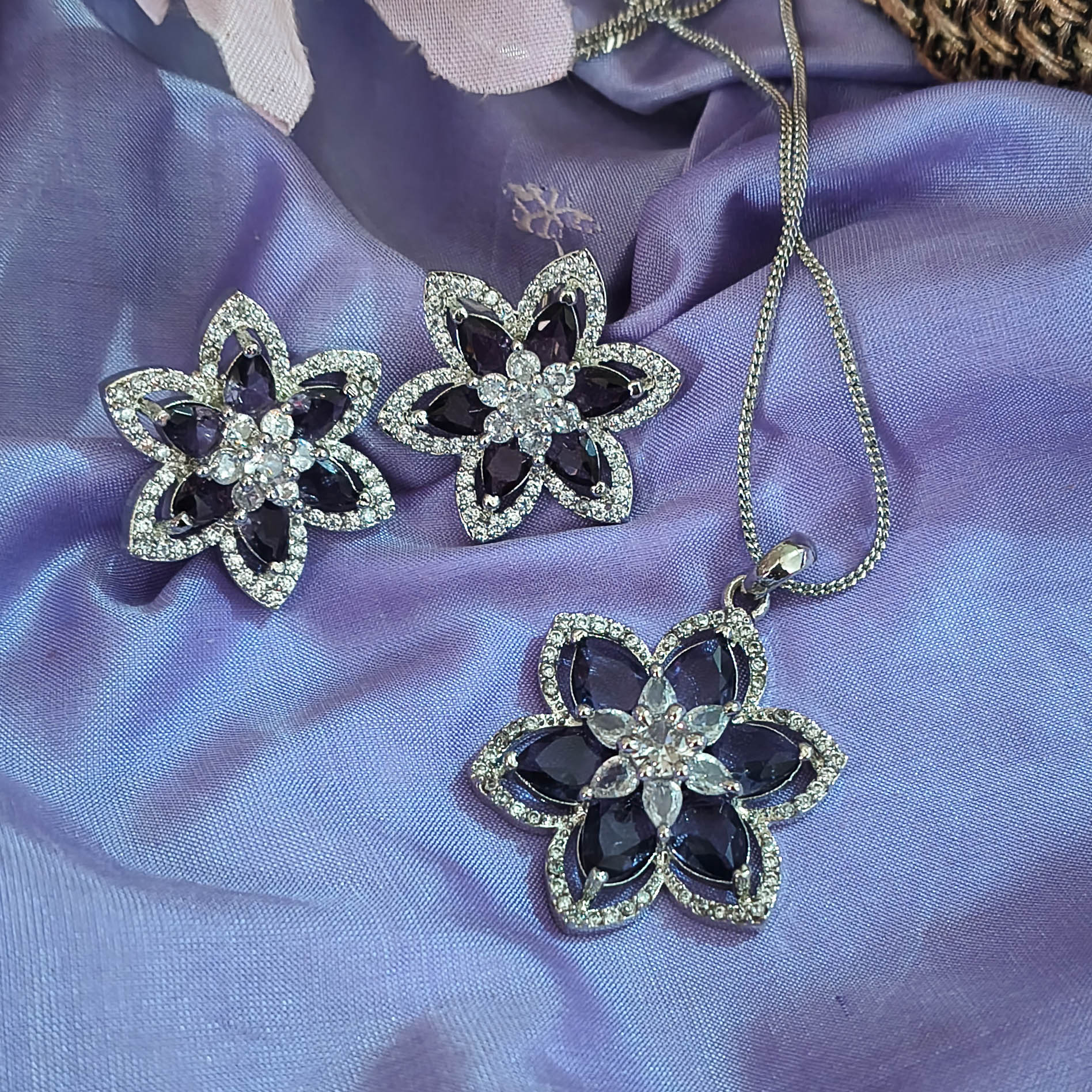Lubna American Diamond CZ Floral Pendant Set with Earrings