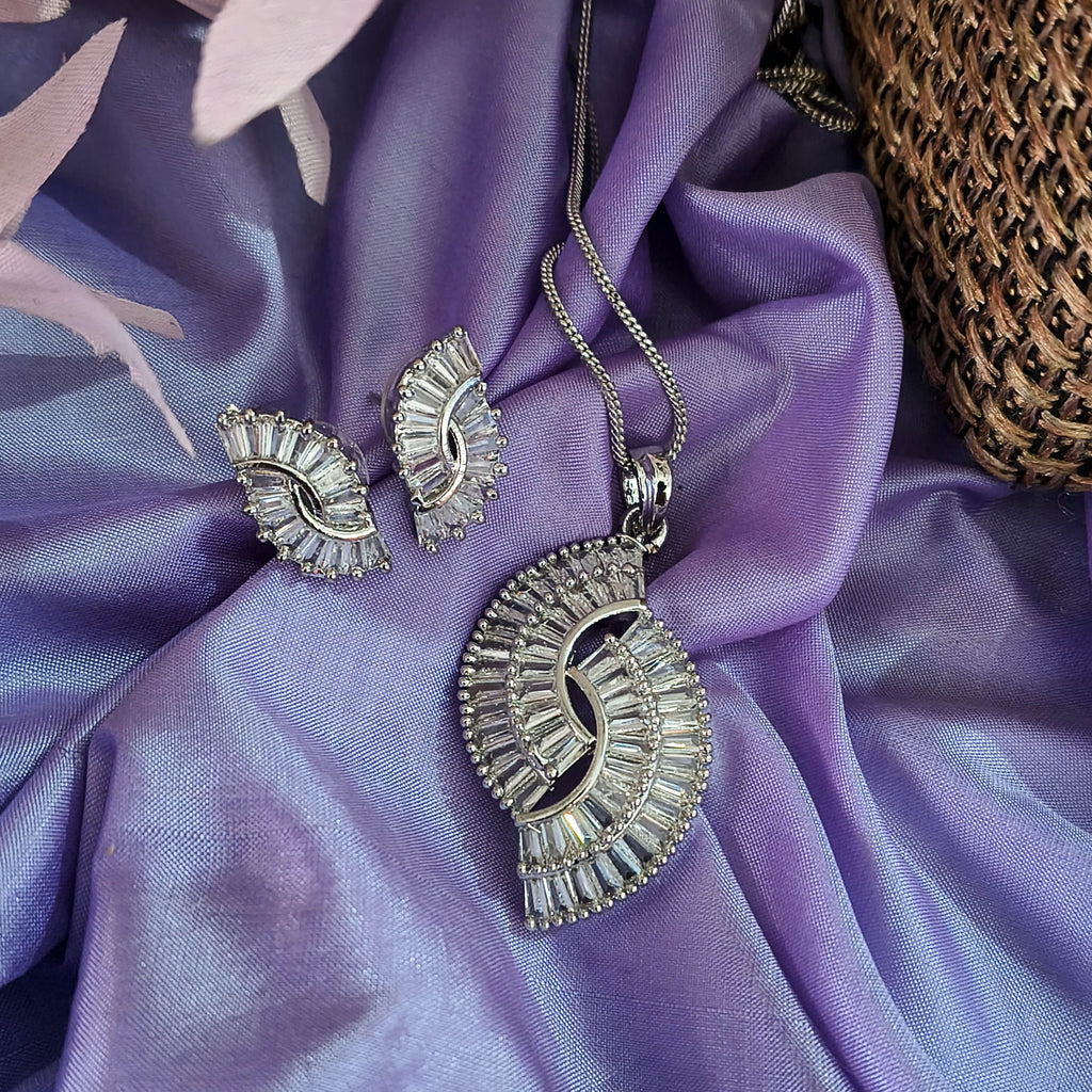 Lina American Diamond Spiral CZ Pendant Set with Earrings for Women & Girls