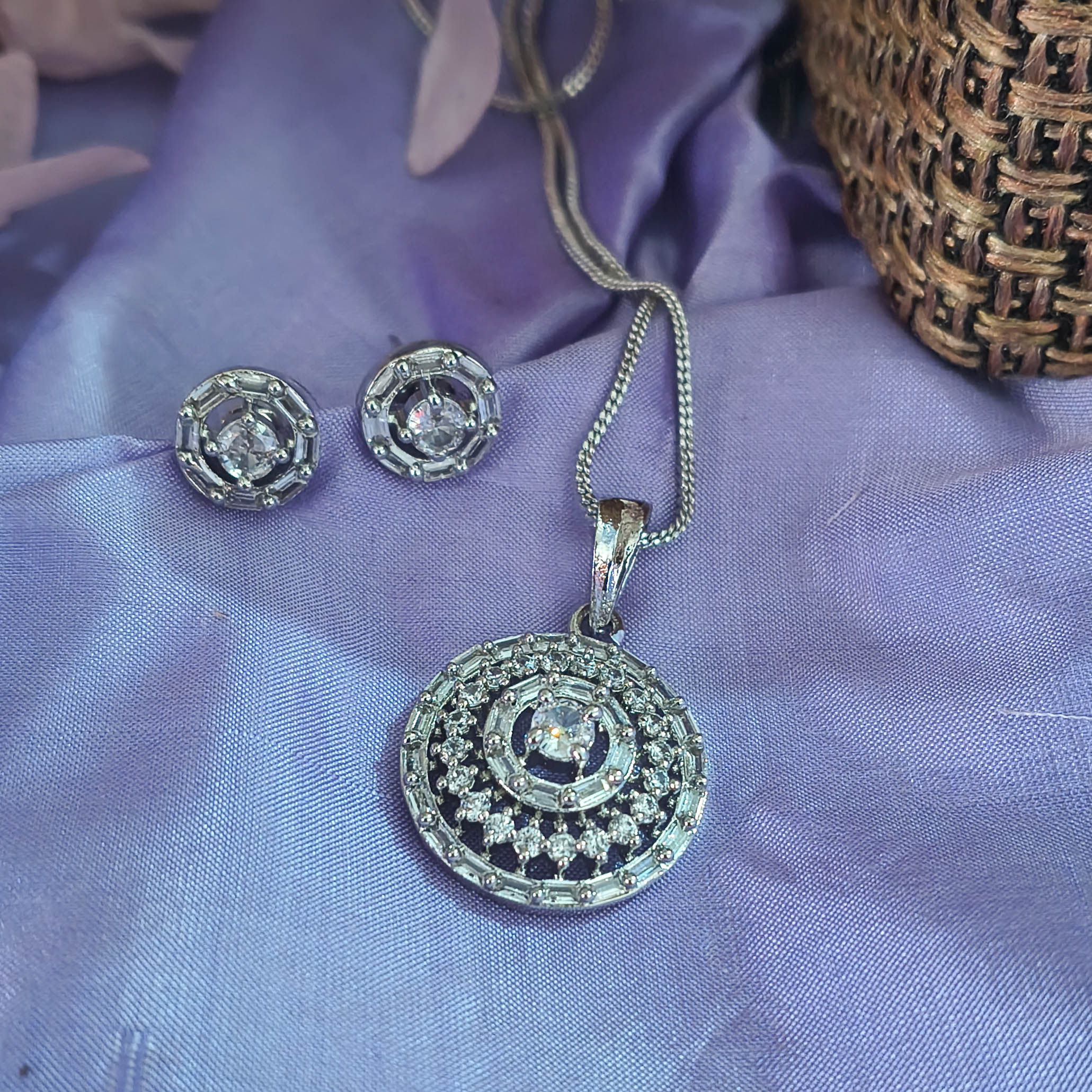 Hira American Diamond CZ Pendant Set with Stud Earrings for Girls & Women