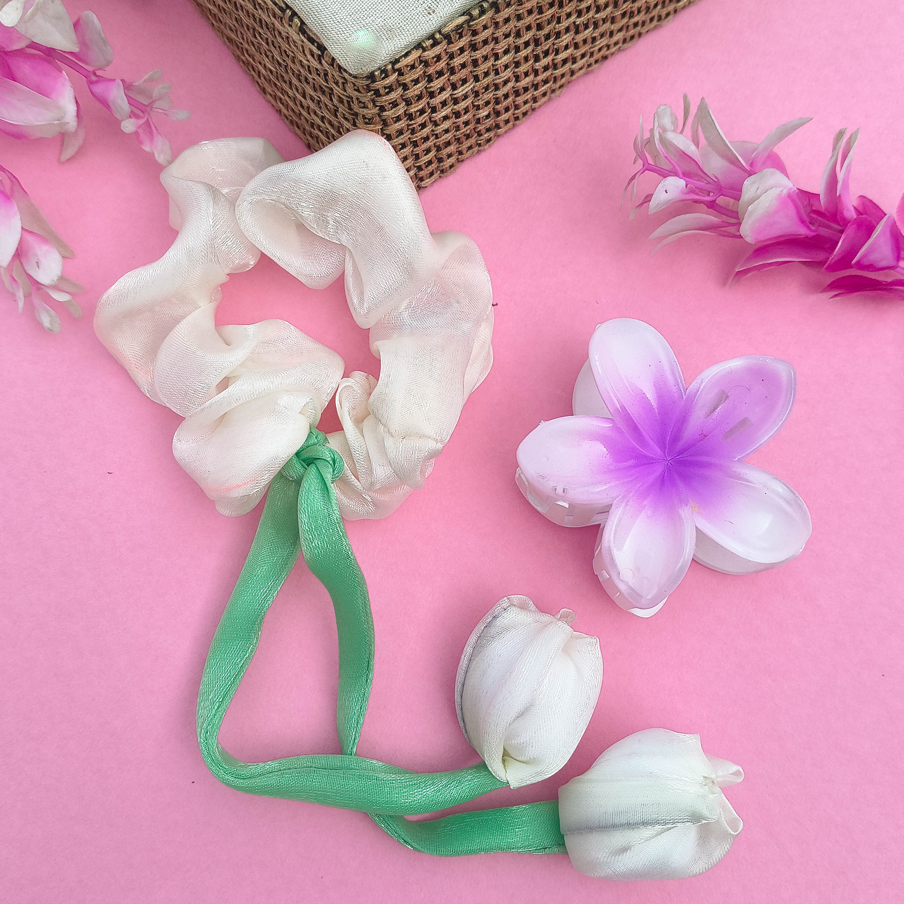 Satin Floral Scrunchie & Claw Clip Combo for Girls & Women | Pinteresty Korean Hair Accessories
