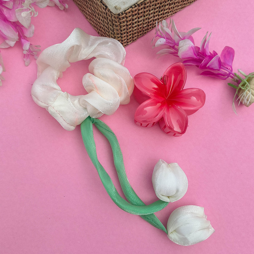 Satin Floral Scrunchie & Claw Clip Combo for Girls & Women | Pinteresty Korean Hair Accessories