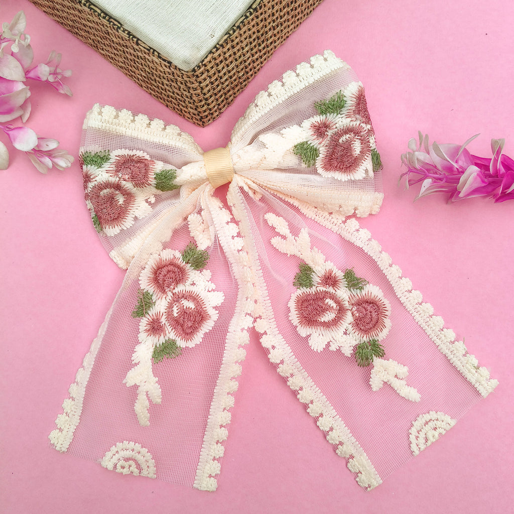 Handmade Floral Embroidered Hair Bow Clip | Cute Pinteresty Hair Bow Clips for Girls & Women