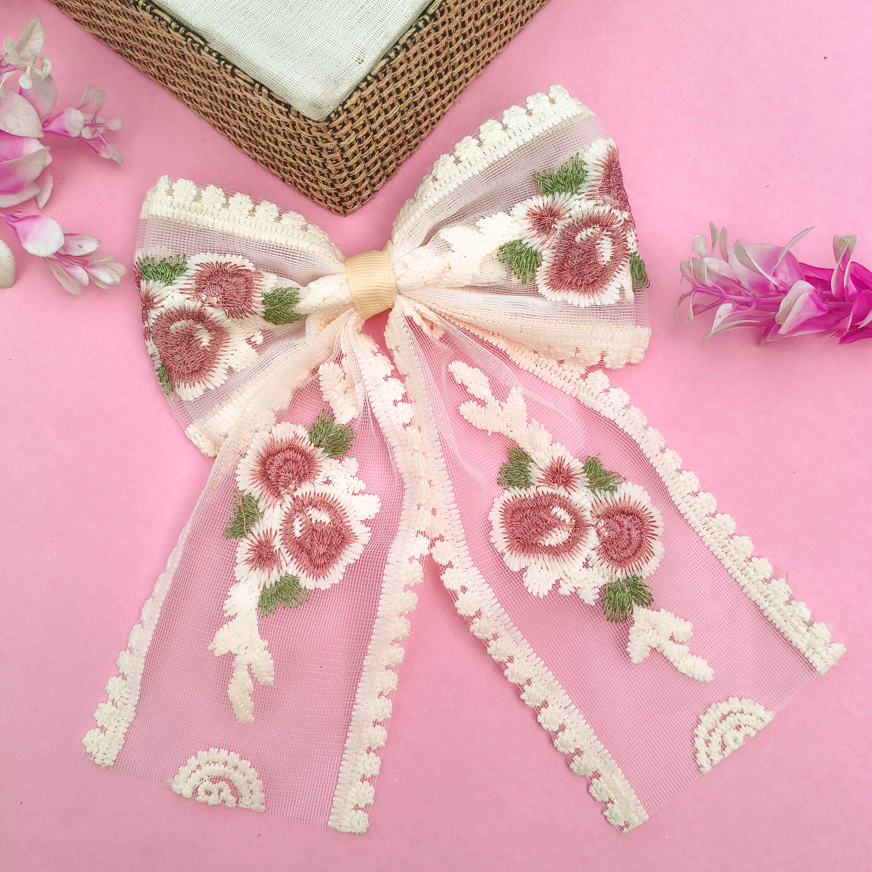 Handmade Floral Embroidered Hair Bow Clip | Cute Pinteresty Hair Bow Clips for Girls & Women