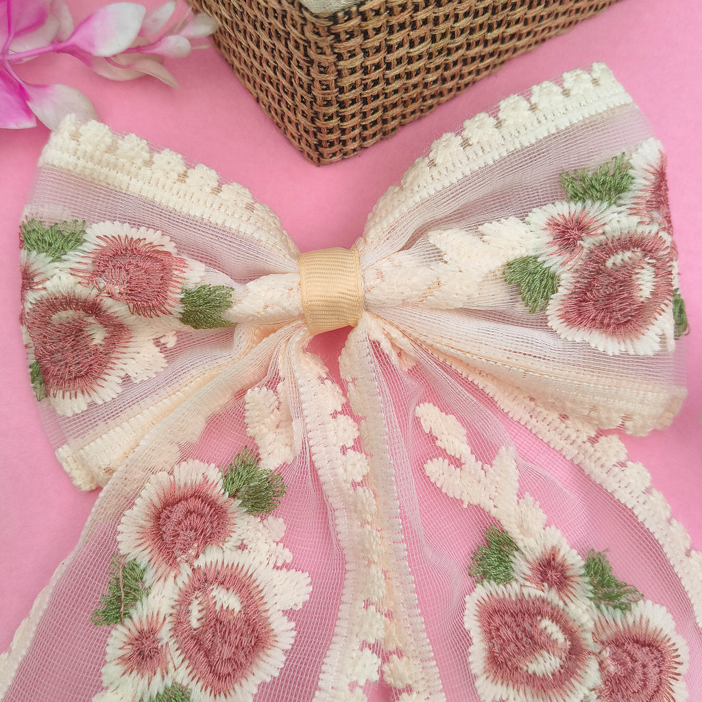 Handmade Floral Embroidered Hair Bow Clip | Cute Pinteresty Hair Bow Clips for Girls & Women
