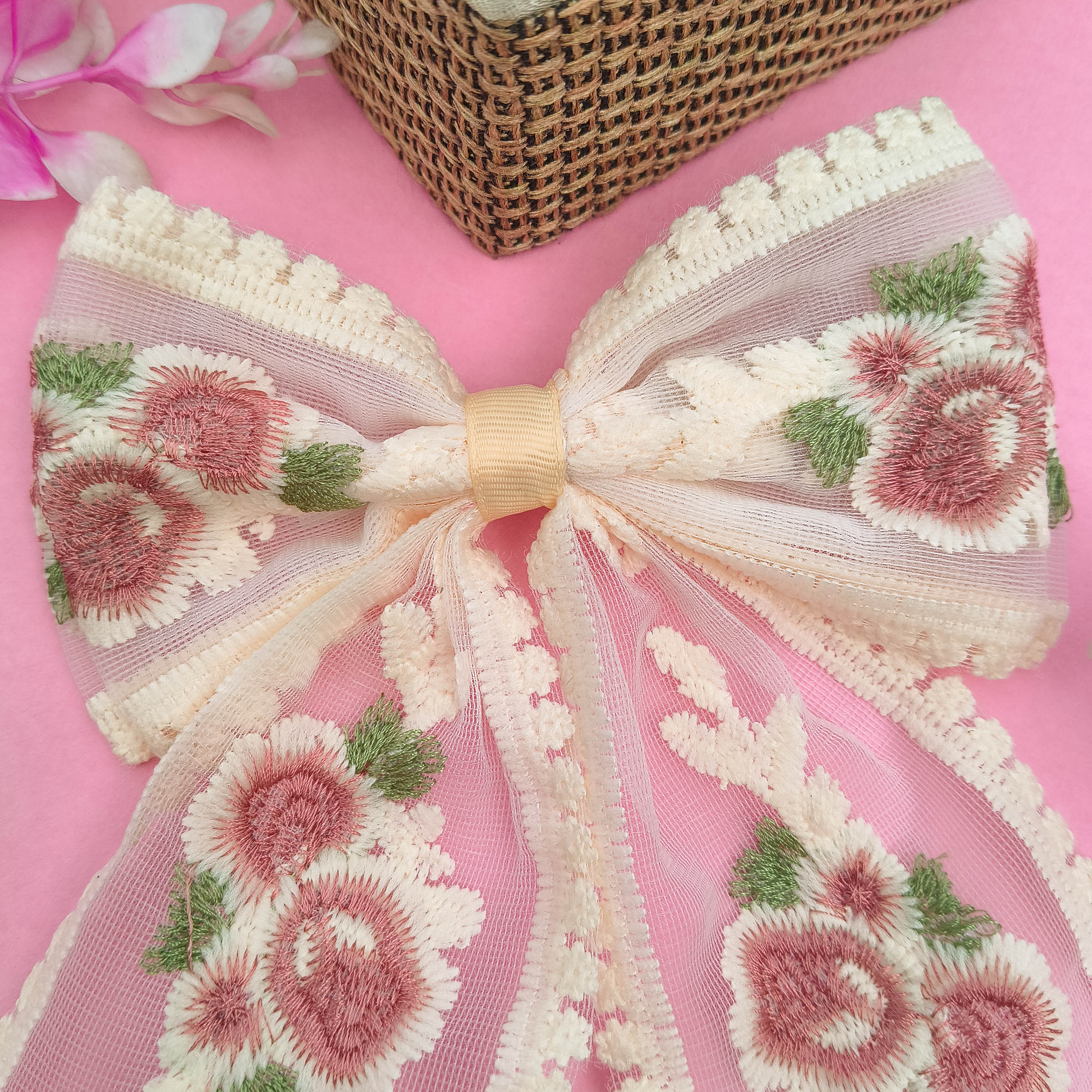 Handmade Floral Embroidered Hair Bow Clip | Cute Pinteresty Hair Bow Clips for Girls & Women