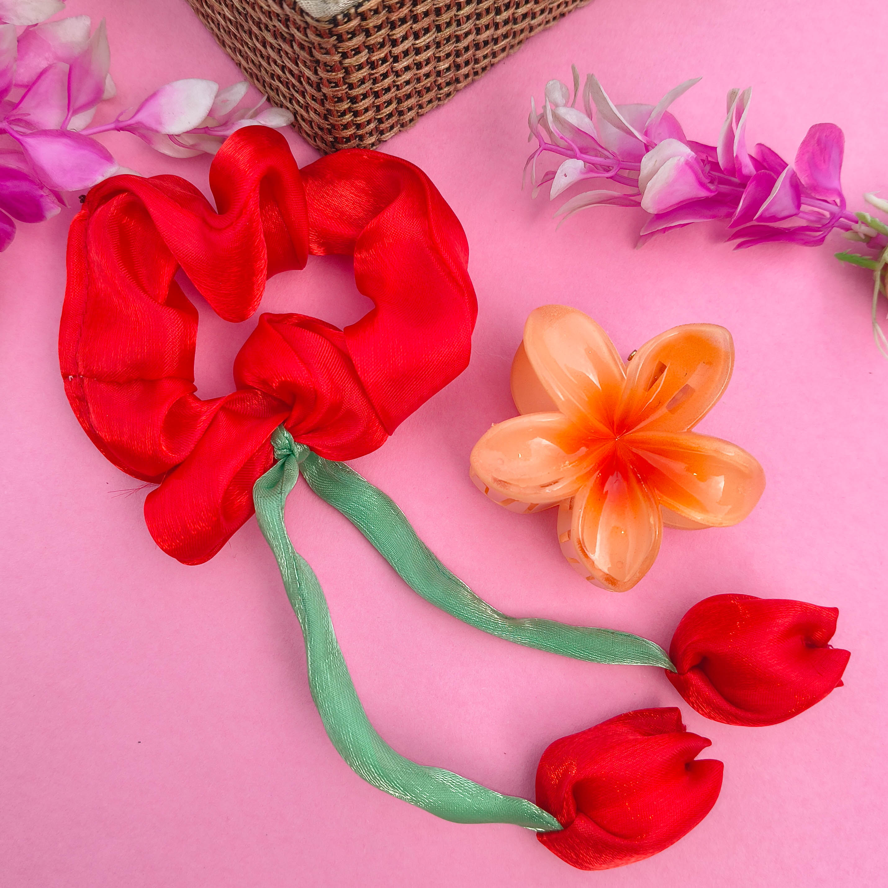 Satin Floral Scrunchie & Claw Clip Combo for Girls & Women | Pinteresty Korean Hair Accessories