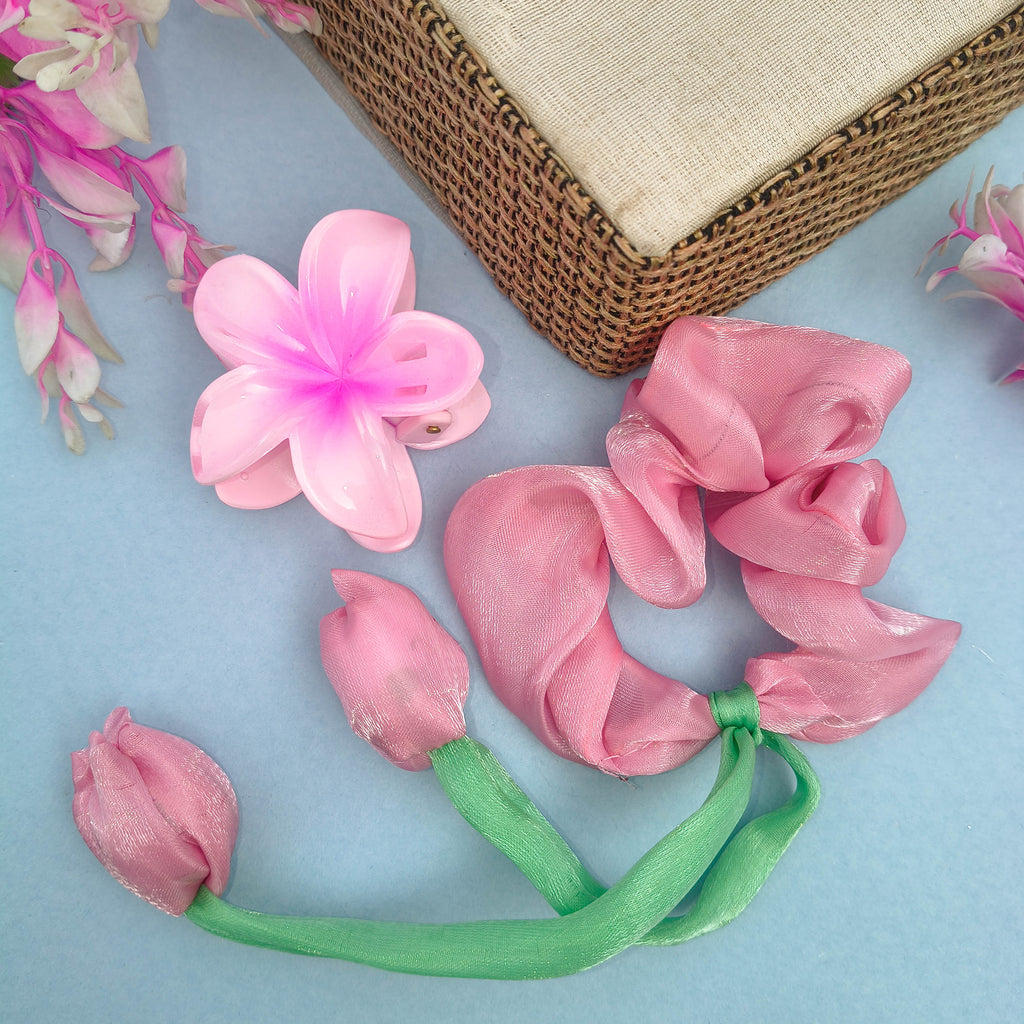 Satin Floral Scrunchie & Claw Clip Combo for Girls & Women | Pinteresty Korean Hair Accessories