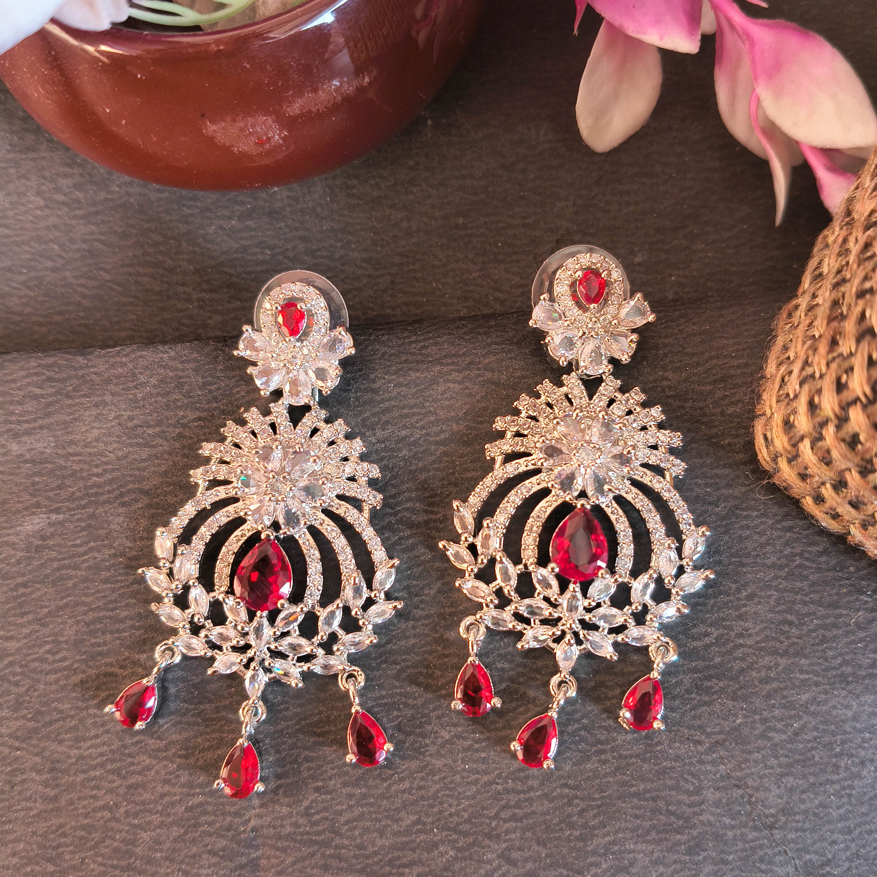 Jaya American Diamond Chandbali Earrings – Ruby Red Cubic Zirconia Statement Jewelry