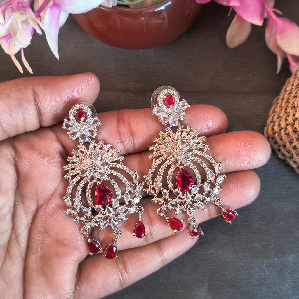 Jaya American Diamond Chandbali Earrings – Ruby Red Cubic Zirconia Statement Jewelry