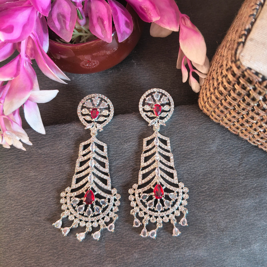 Riddhi Silver-Tone Drop Earrings with American Diamonds and Ruby Red Stones