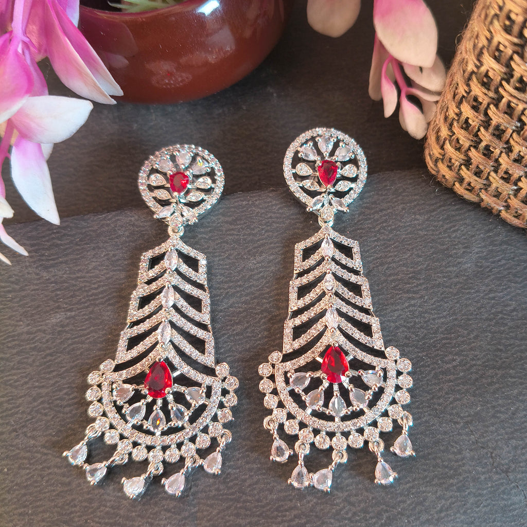 Riddhi Silver-Tone Drop Earrings with American Diamonds and Ruby Red Stones