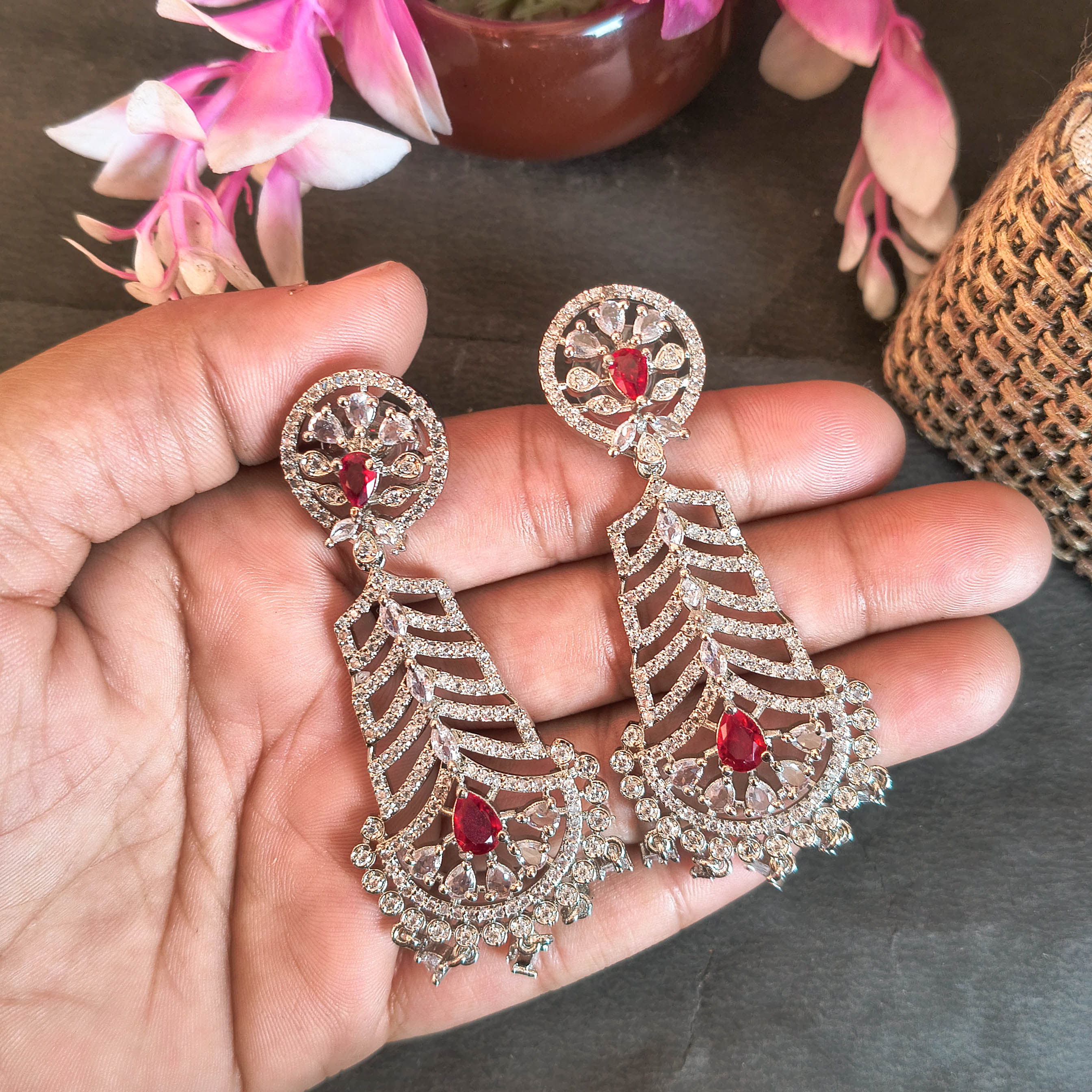 Riddhi Silver-Tone Drop Earrings with American Diamonds and Ruby Red Stones
