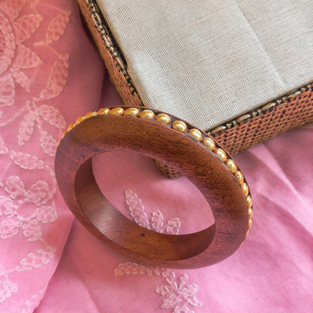 Dyuti Handcrafted Wooden Kada Bangle with Golden Brass Studs | Lightweight Chunky Wooden Kada for Girls & Women