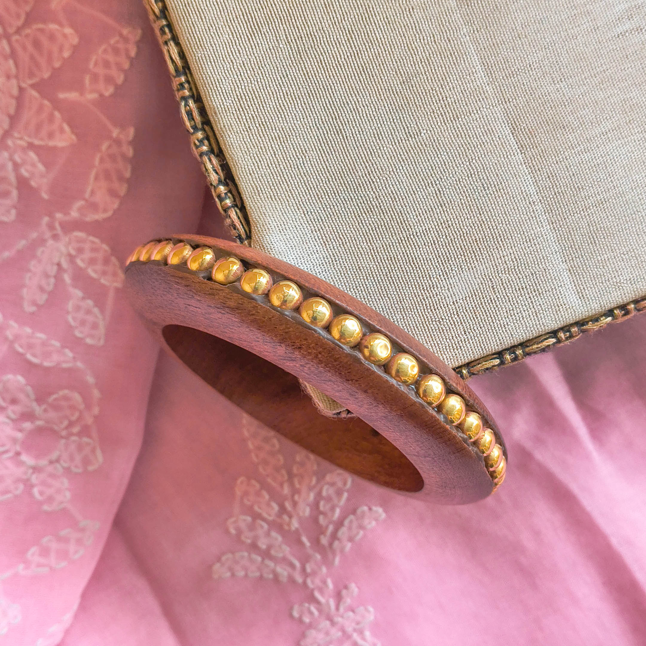 Dyuti Handcrafted Wooden Kada Bangle with Golden Brass Studs | Lightweight Chunky Wooden Kada for Girls & Women