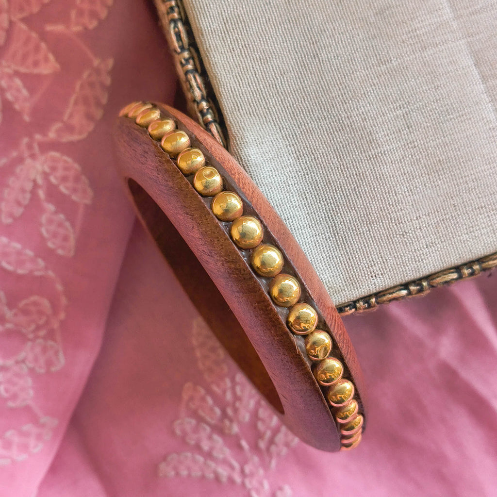 Dyuti Handcrafted Wooden Kada Bangle with Golden Brass Studs | Lightweight Chunky Wooden Kada for Girls & Women