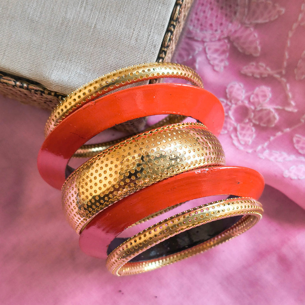 Aayat Handcrafted Golden Brass & Orange Wooden Bangle Stacks