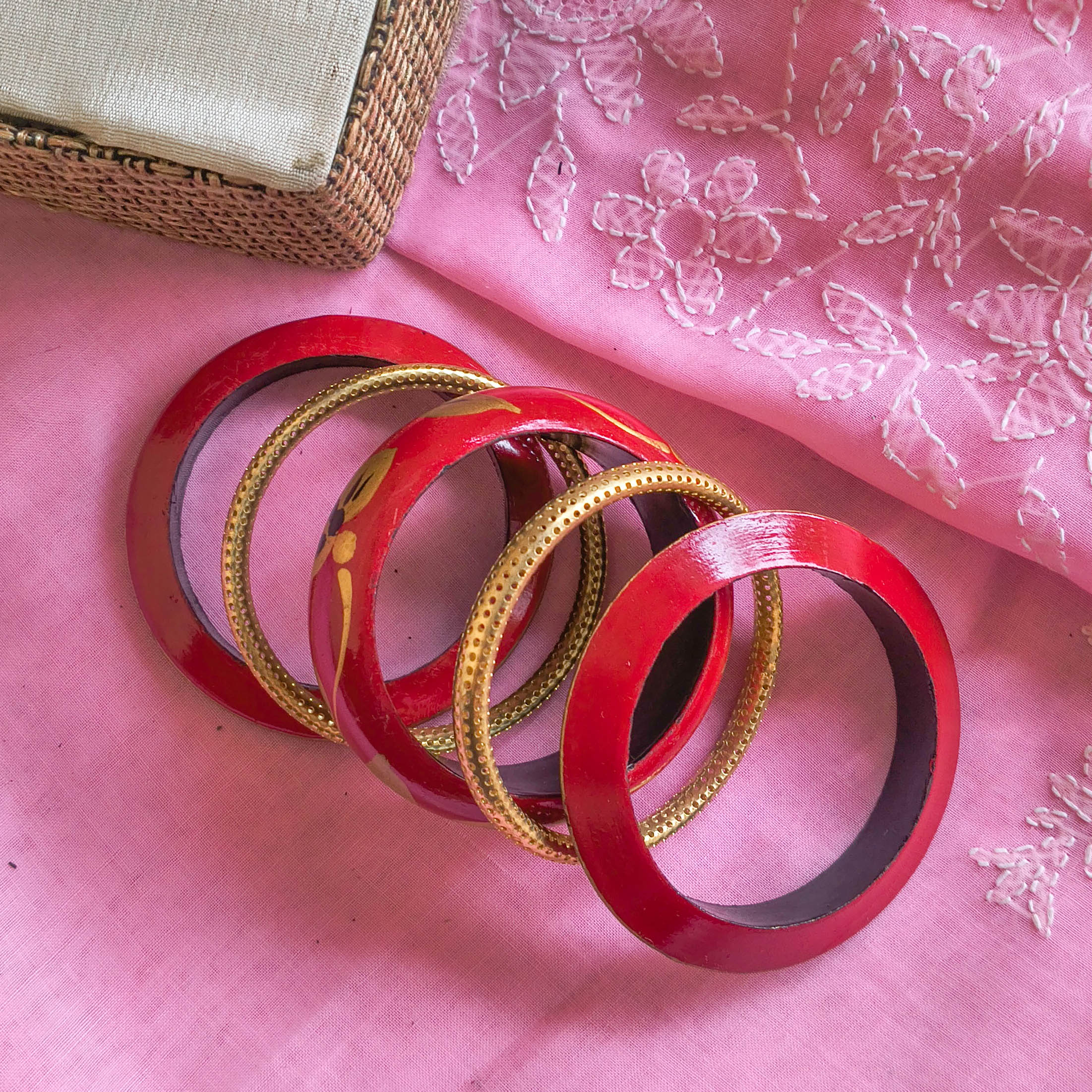 Zareen Wooden & Brass Bangle Stack | Red Wood & Gold Brass Bangles