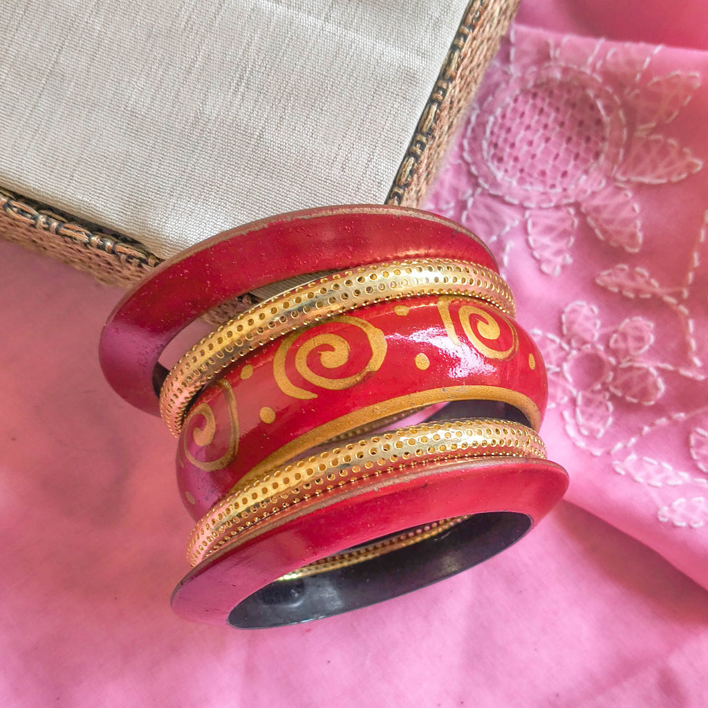 Zareen Wooden & Brass Bangle Stack | Red Wood & Gold Brass Bangles