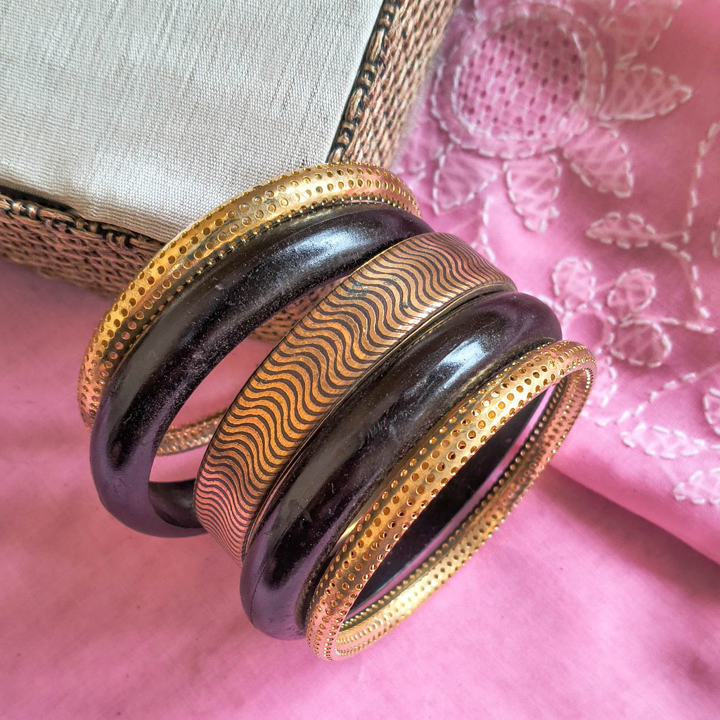 Mehran Black & Golden Wooden & Metal Bangle Stacks