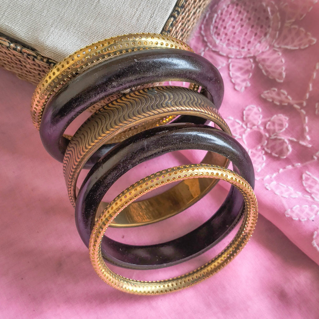 Mehran Black & Golden Wooden & Metal Bangle Stacks