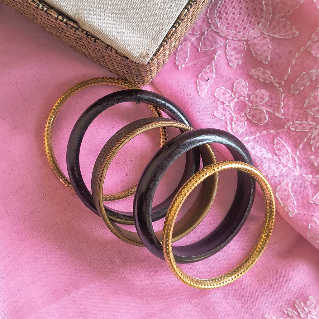 Mehran Black & Golden Wooden & Metal Bangle Stacks