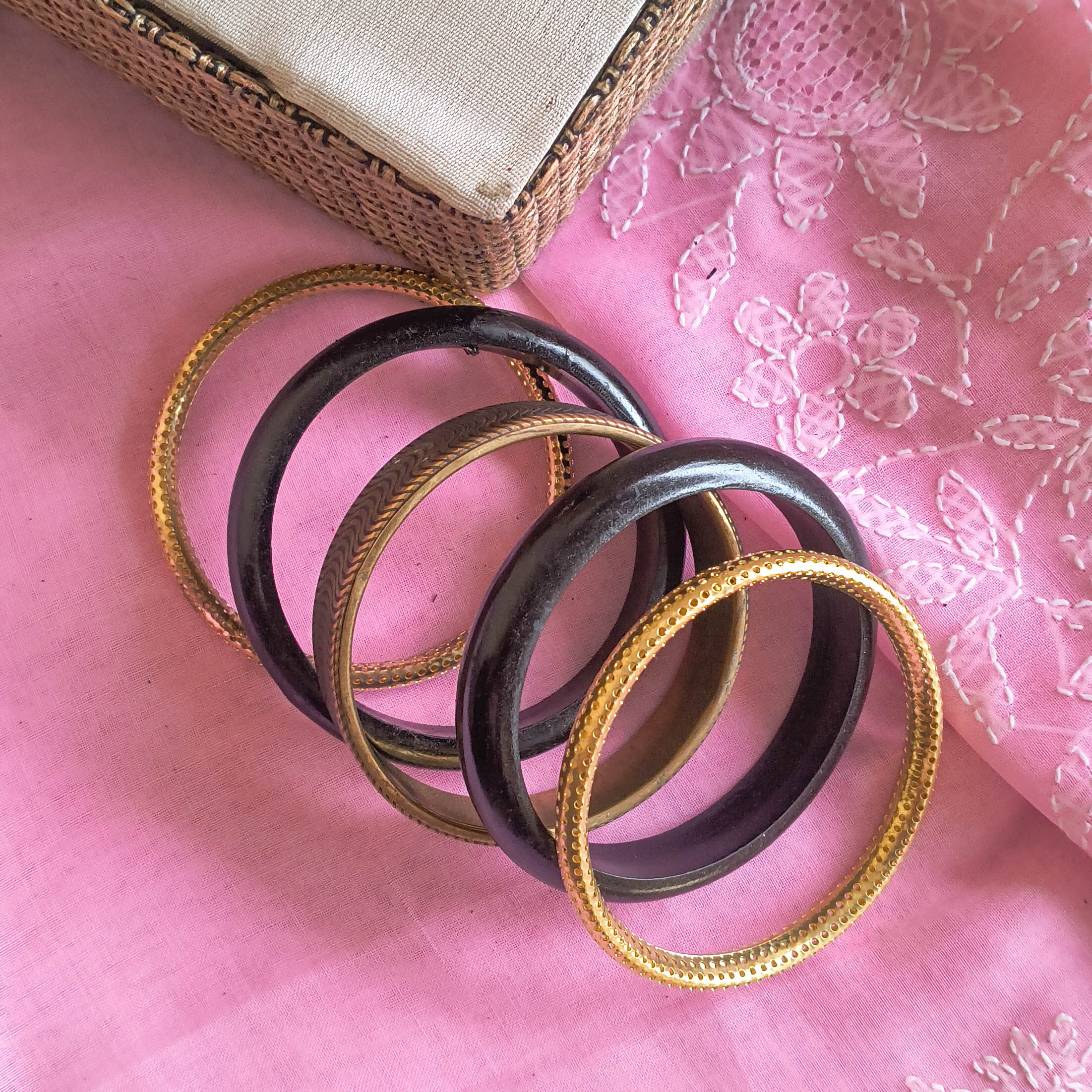 Mehran Black & Golden Wooden & Metal Bangle Stacks