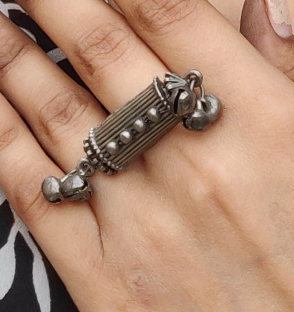Amina Oxidised Ring – Traditional Indian Dholak Design with Ghungroo Bells